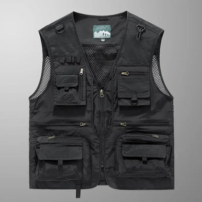 Durable black fishing vest with multiple pockets, ideal for carrying gear for the best fishing vest for anglers