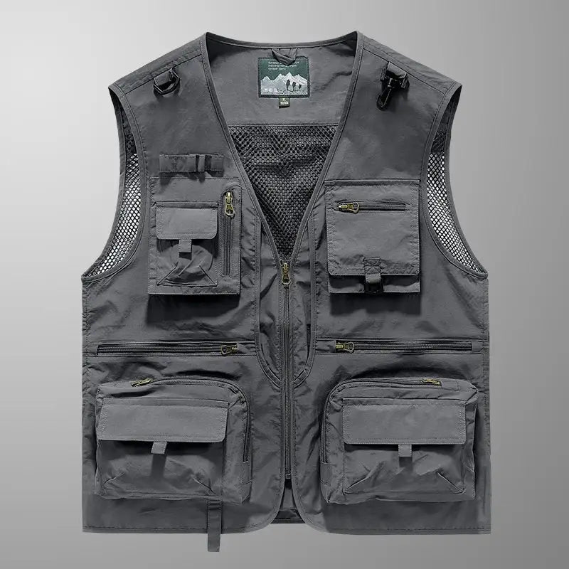 Lightweight gray fishing vest with multiple pockets, the best fishing vest for anglers