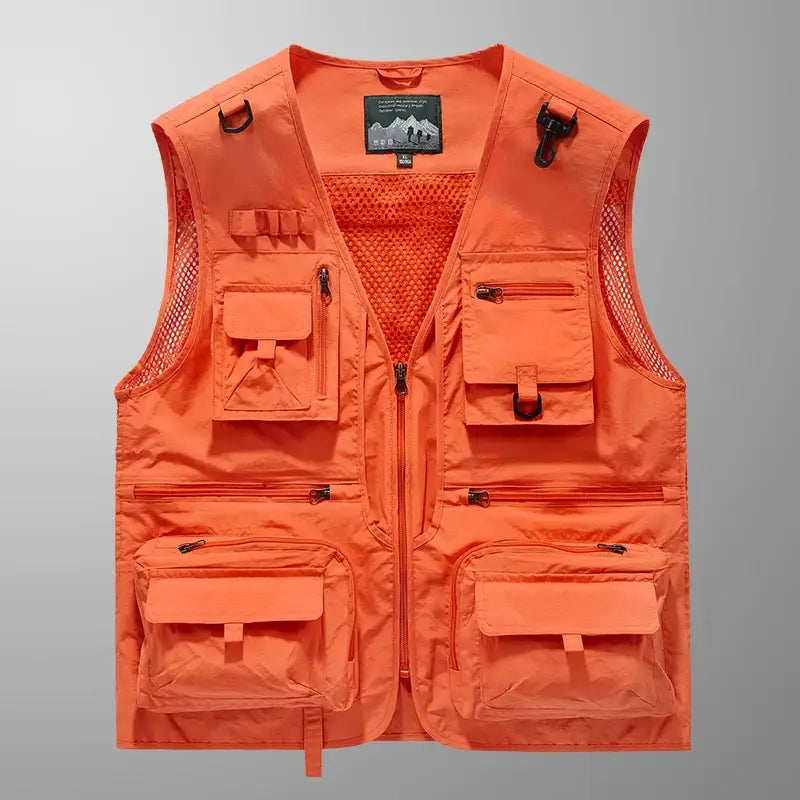 Bright orange fishing vest with multiple pockets, the best fishing vest for anglers from The Fishing Gear Shop