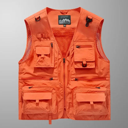 Bright orange fishing vest with multiple pockets, the best fishing vest for anglers from The Fishing Gear Shop
