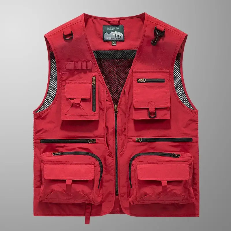 Red fishing vest with multiple pockets, the best fishing vest for anglers designed for tackle storage