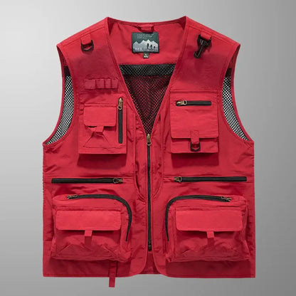 Red fishing vest with multiple pockets, the best fishing vest for anglers designed for tackle storage