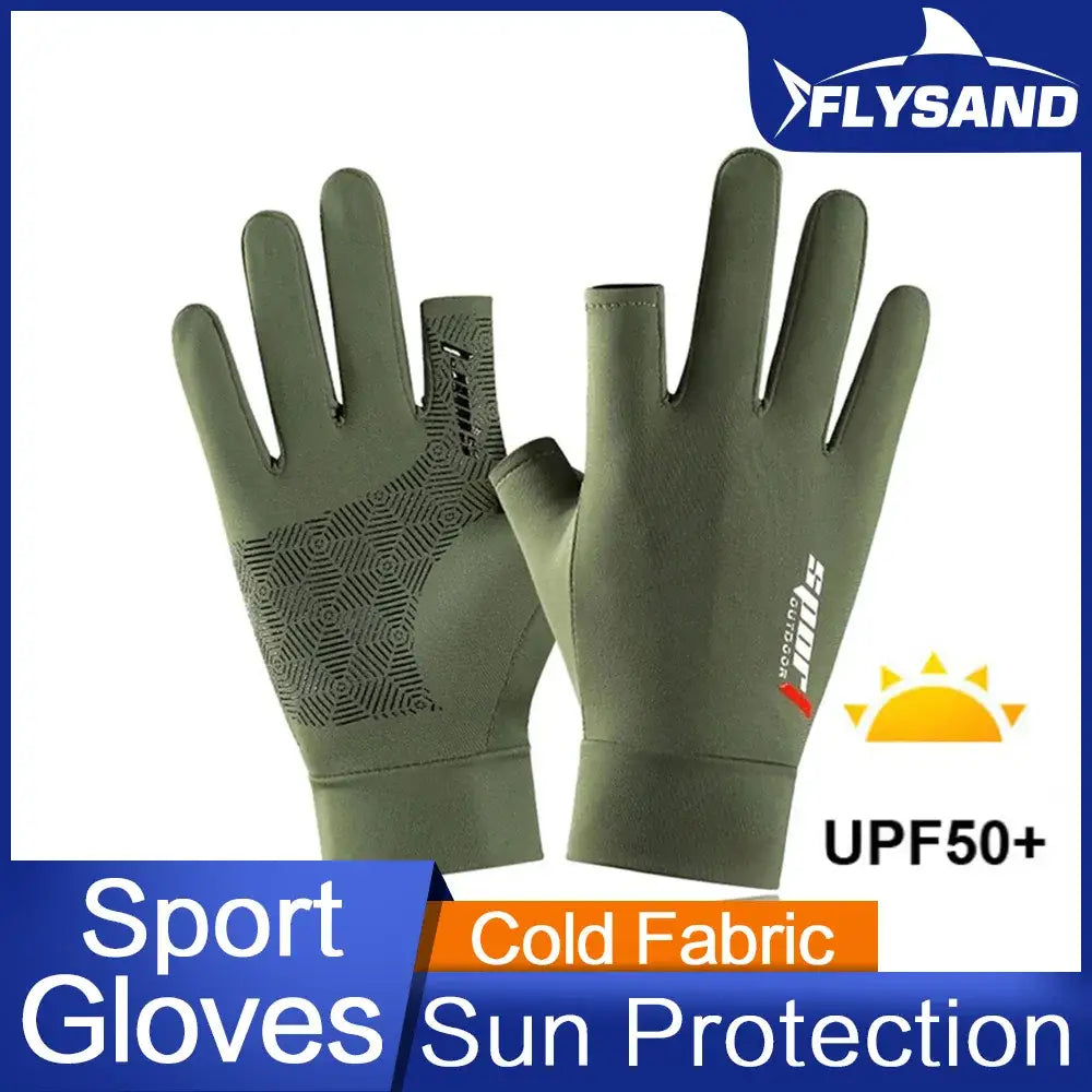 Green anti-UV fishing gloves with cold fabric for sun protection and comfort during fishing trips