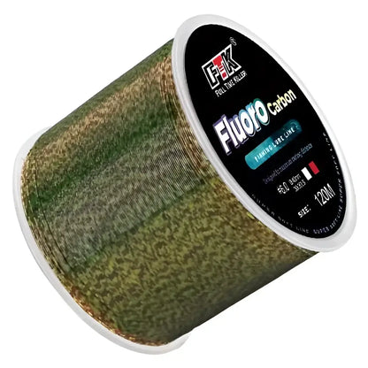 High-performance fluorocarbon fishing line in green and brown, ideal for stealth and strength in fishing
