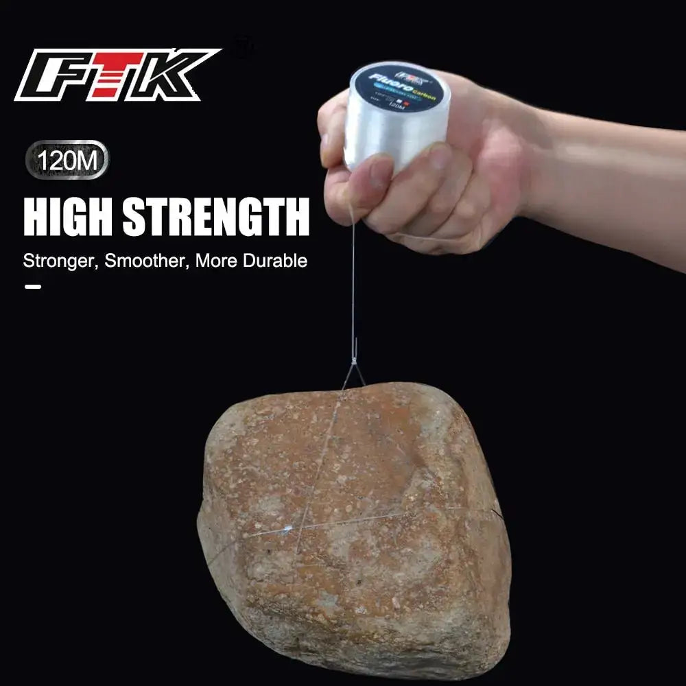 High-performance fluorocarbon fishing line being tested for strength with a stone for durability in fishing