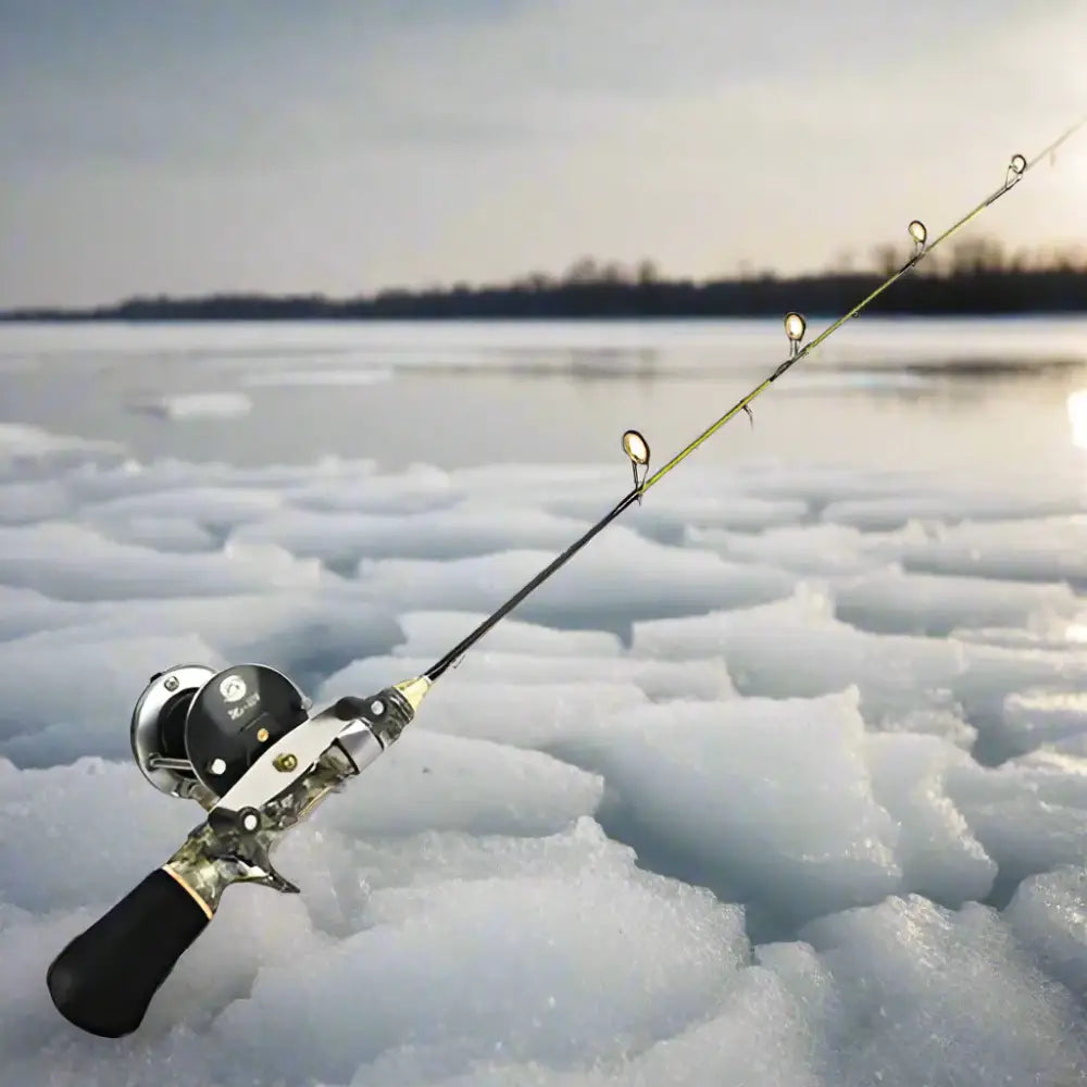 Ice Fishing Rod and Reel Combo resting on snow-covered ice for winter fishing adventures