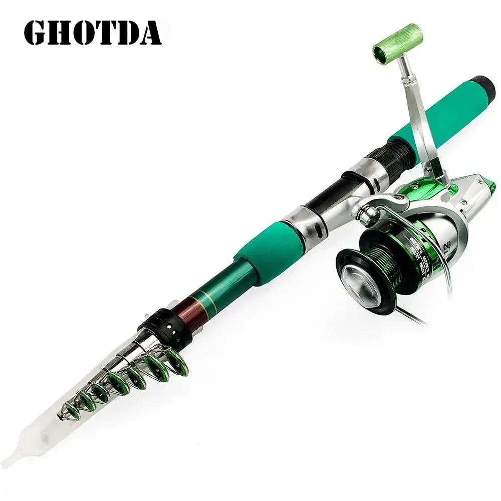 Ghotda collapsible fishing rod with green grips and silver reel ideal for portable fishing adventures