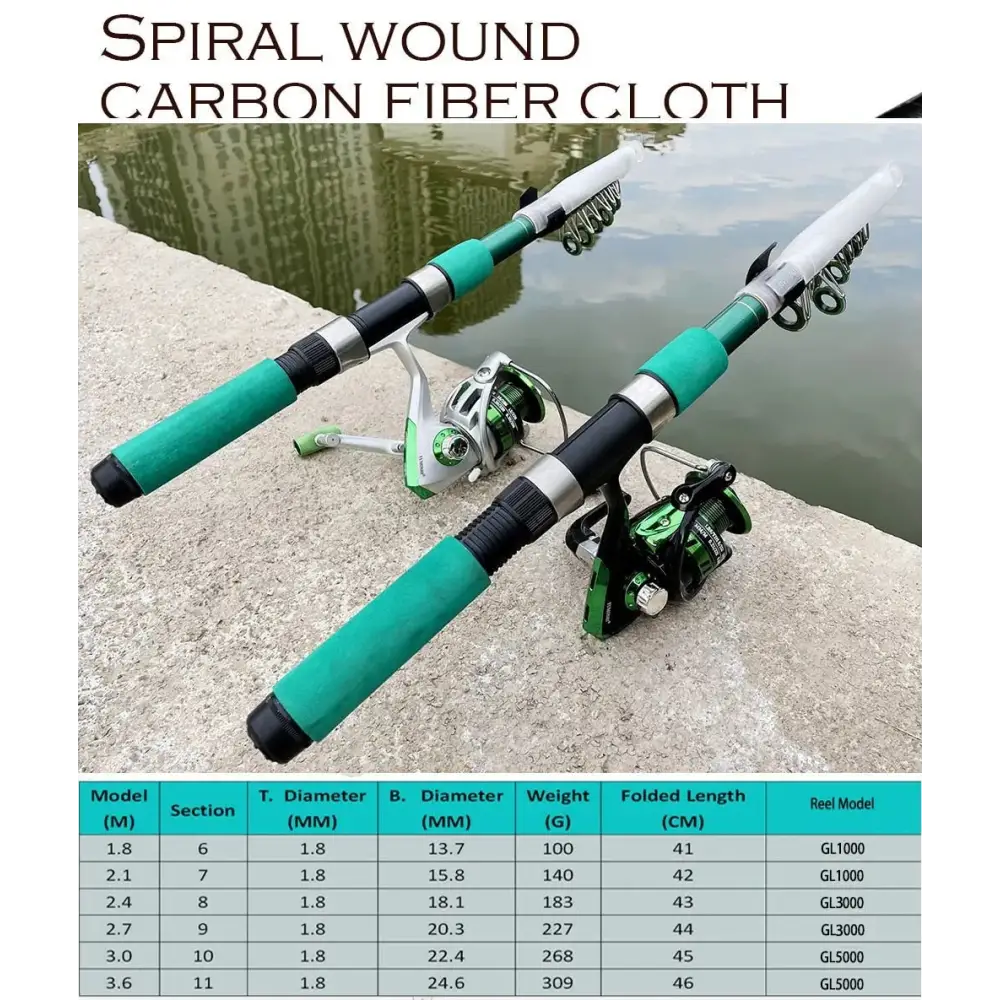 Ghotda collapsible fishing rod with green grips and reel, perfect for convenient fishing trips.