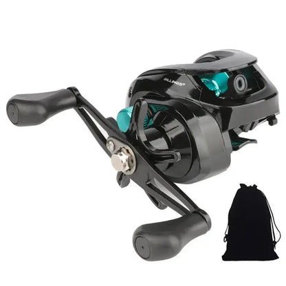 High performance baitcasting reel in black with ergonomic handles, perfect for anglers.