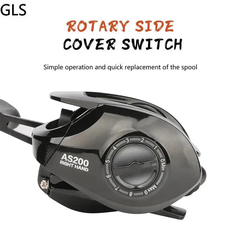 High performance baitcasting reel with rotary side cover switch for easy spool replacement