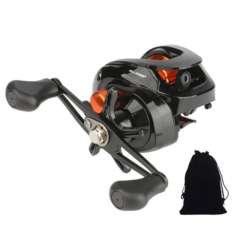 High performance baitcasting reel in black with ergonomic handles for better grip and control