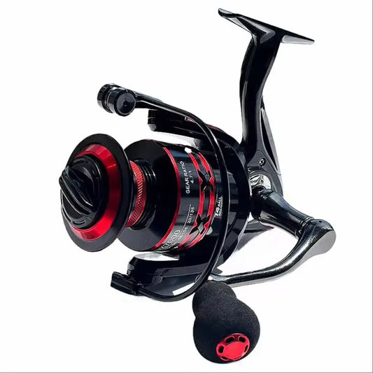 High performance fishing reel in sleek black and red design with ergonomic handle for easy use