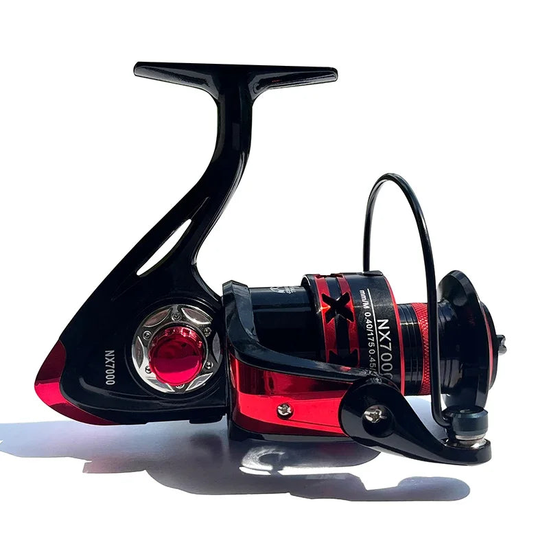 High performance fishing reel in black and red design, perfect for anglers seeking reliability