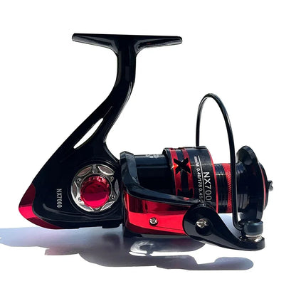 High performance fishing reel in black and red design, perfect for anglers seeking reliability