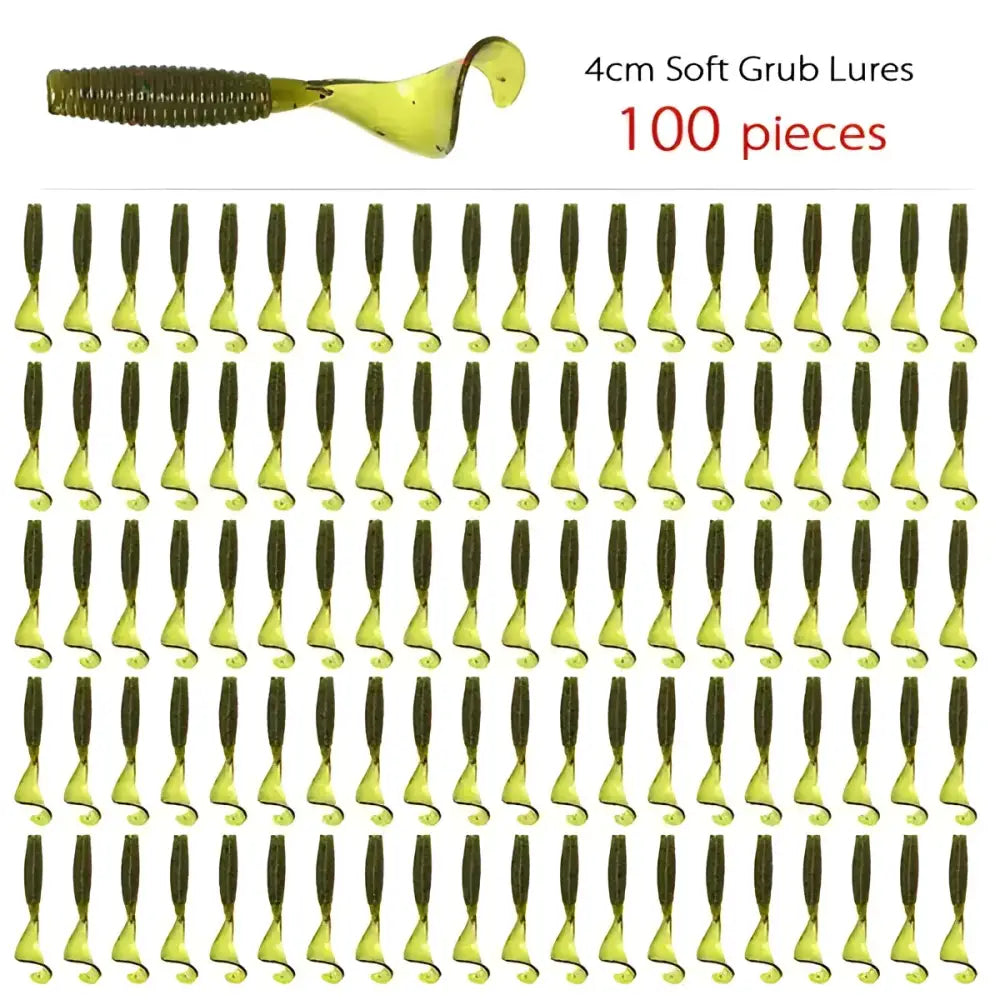 100 pieces of 4cm soft grub curly tail fishing lures in green for effective baiting