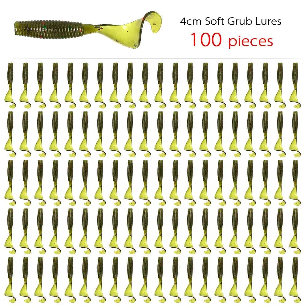 Curly tail fishing lures in green, 4cm soft grub design, 100 pieces for effective angling