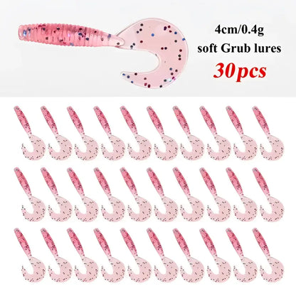 Curly tail fishing lures in pink, 4cm size, 30pcs soft grub lures for effective fishing