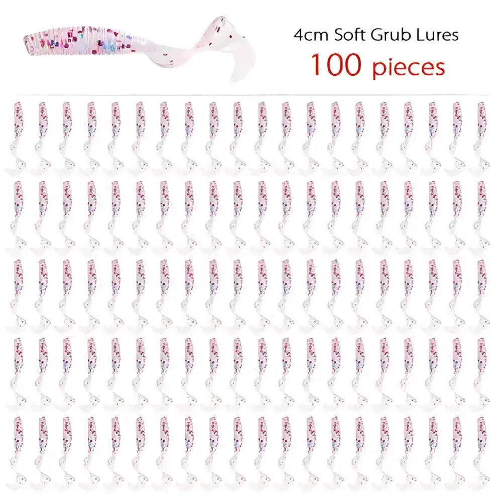 Curly tail fishing lures in a pack of 100, featuring 4cm soft grub design for effective fishing