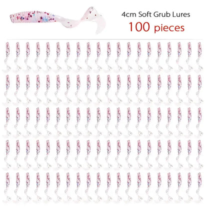 Curly tail fishing lures in a pack of 100, featuring 4cm soft grub design for effective fishing