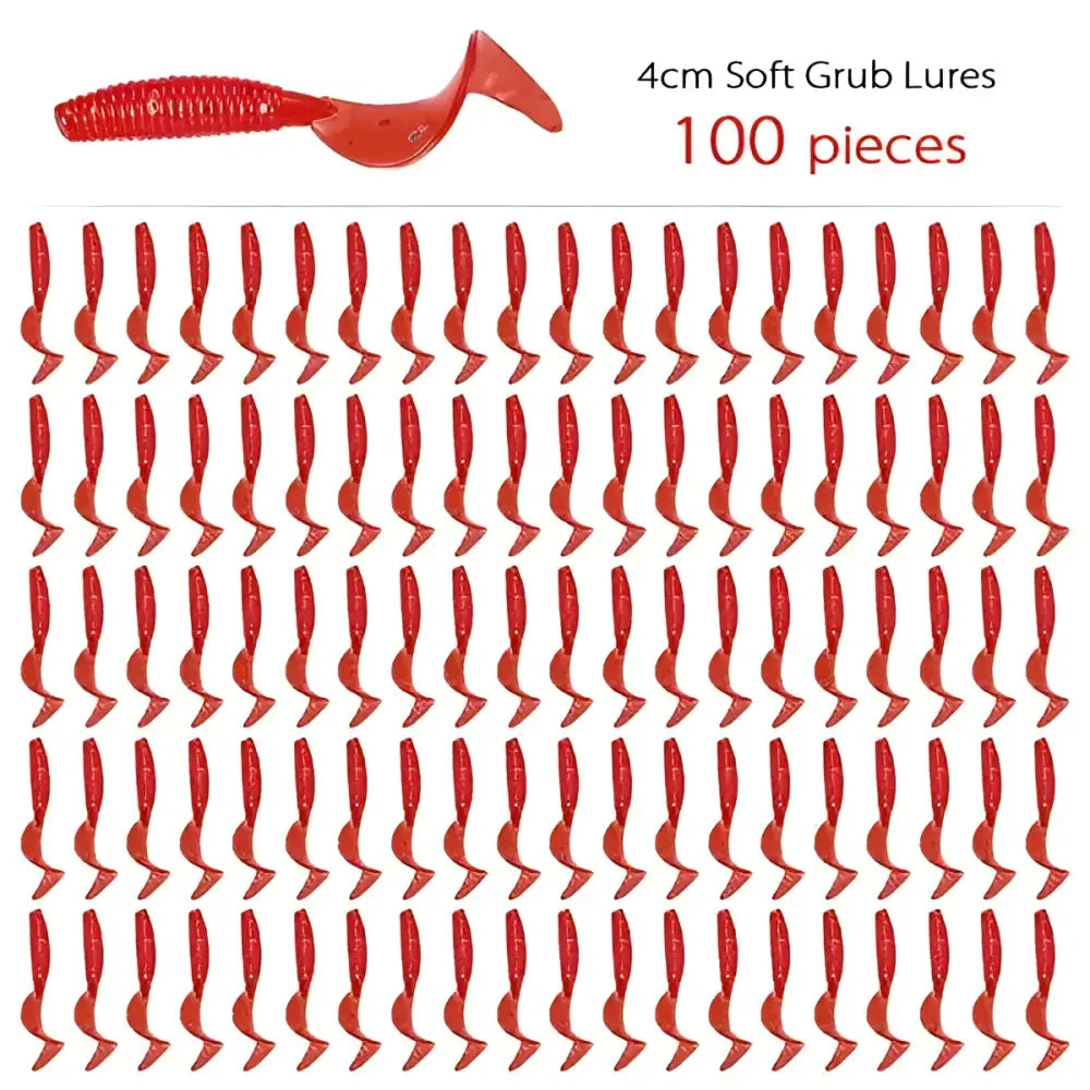 Curly tail fishing lures in red, 4cm soft grub lures, 100 pieces for effective fishing.
