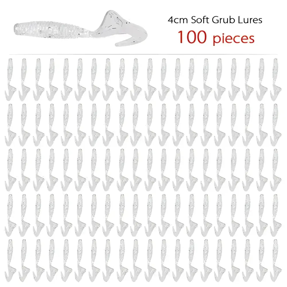 100 pieces of 4cm soft grub curly tail fishing lures in a clear design for effective freshwater fishing