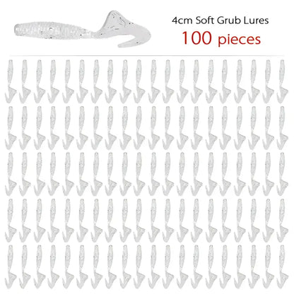 100 pieces of 4cm soft grub curly tail fishing lures in a clear design for effective freshwater fishing