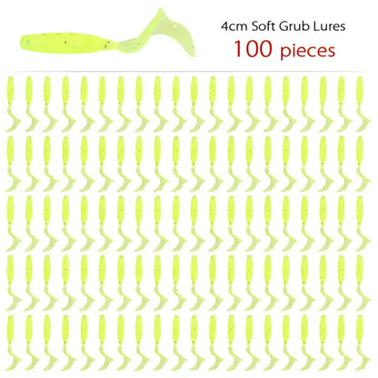 Pack of 100 yellow 4cm soft curly tail fishing lures ideal for attracting various fish species