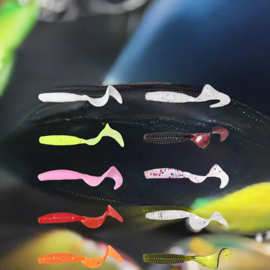 Variety of colorful curly tail fishing lures ideal for attracting various fish species