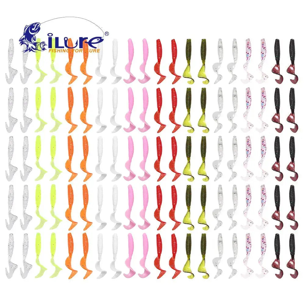 Assorted curly tail fishing lures in multiple colors and designs for effective angling