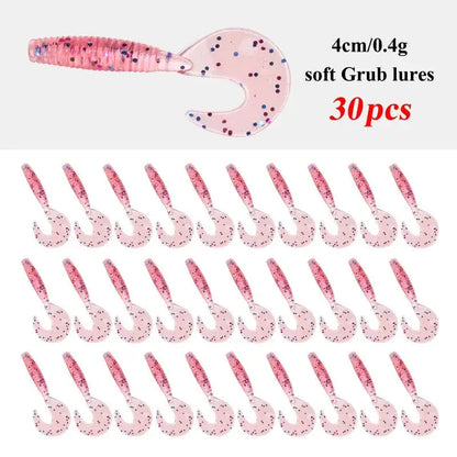 30PCS 4cm soft grub curly tail fishing lures in pink with glitter for attracting fish