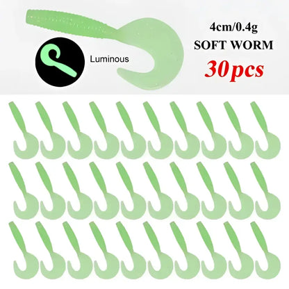 30 pieces of luminous curly tail fishing lures in soft worm design, 4cm long for effective fishing