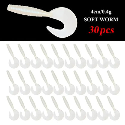 Curly tail fishing lures, 4cm soft worm design, pack of 30 for effective fishing