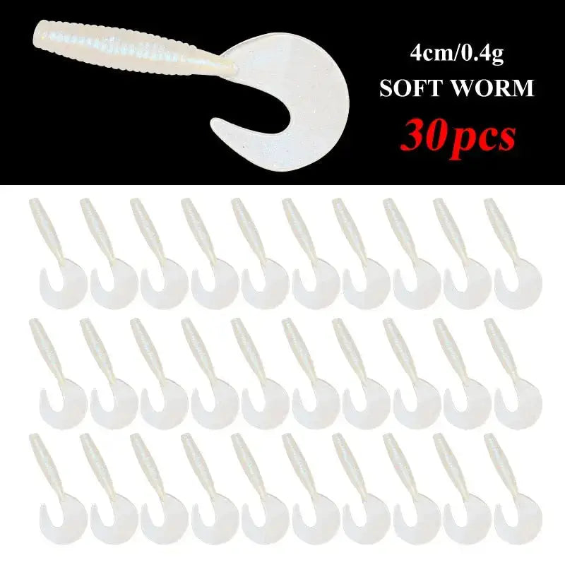 30pcs Curly Tail Fishing Lures in soft worm design, 4cm length for effective baiting