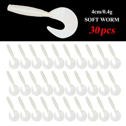 30pcs Curly Tail Fishing Lures in soft worm design, 4cm length for effective baiting