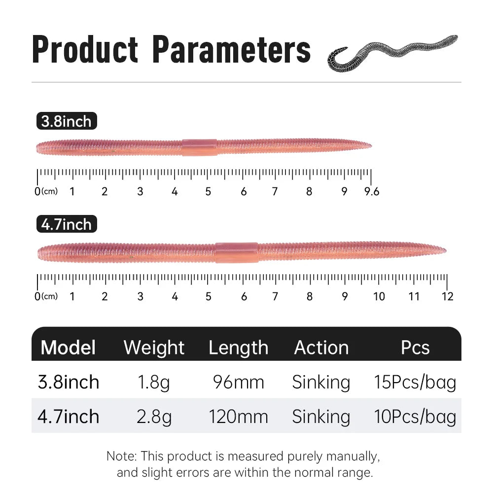 Kingdom Earthworm Soft Lure in two sizes, 3.8 inch and 4.7 inch, ideal for fishing enthusiasts