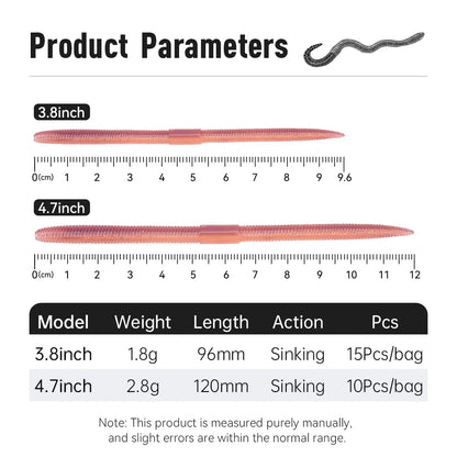 Kingdom Earthworm Soft Lure in two sizes, 3.8 inch and 4.7 inch, ideal for fishing enthusiasts