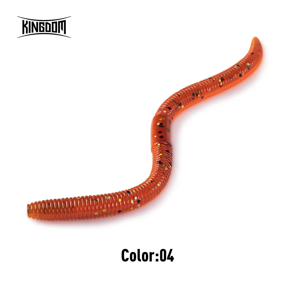 Kingdom Earthworm Soft Lure in vibrant orange color, perfect for attracting fish during fishing trips