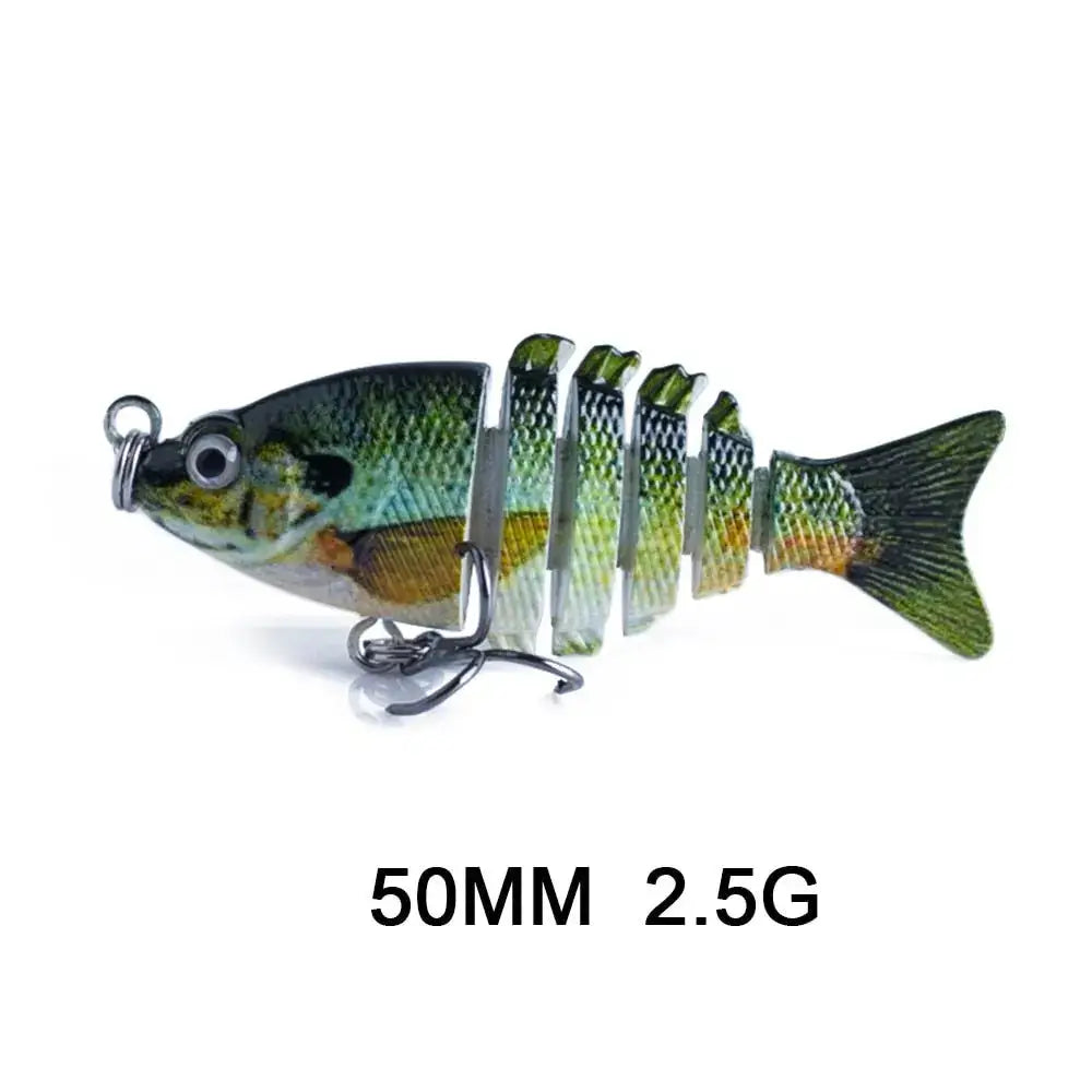 Lifelike multi jointed fishing bait in green and yellow colors for effective fishing
