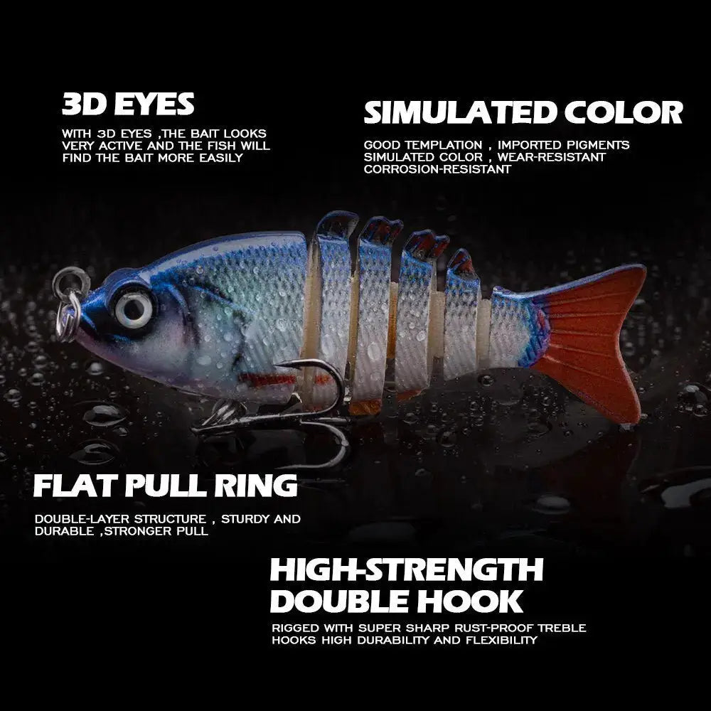Lifelike multi jointed fishing bait with 3D eyes, flat pull ring, and high-strength double hook for effective fishing