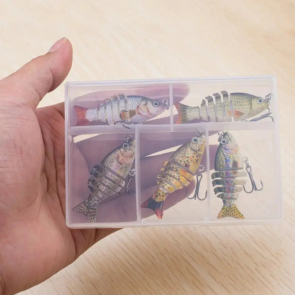 Lifelike multi jointed fishing bait in a storage box showcasing realistic colors and detailing