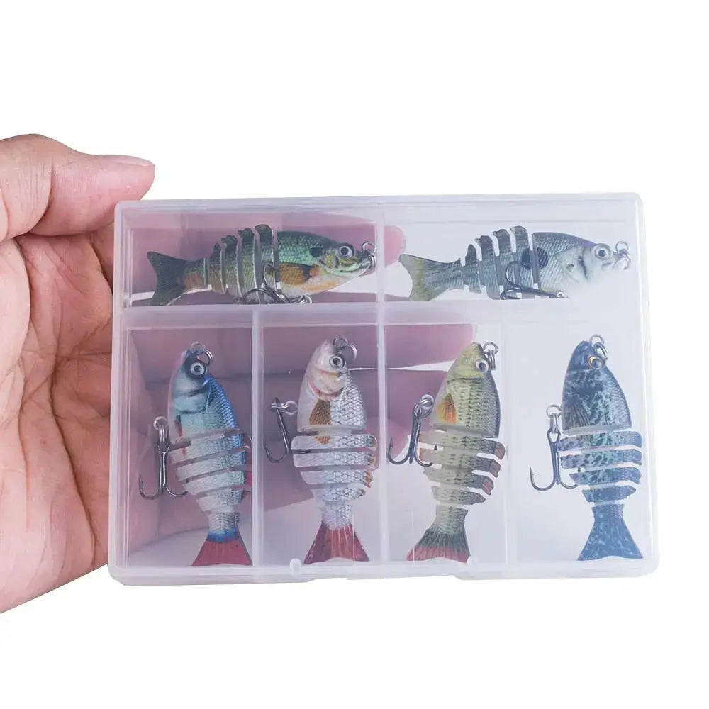 Lifelike multi jointed fishing bait displayed in a storage box for effective fishing use