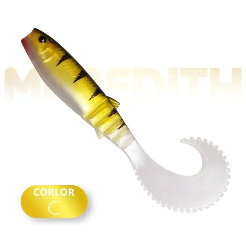 Meredith Cannibal Curved Tail Lure in Yellow with Black Stripes for Effective Fishing
