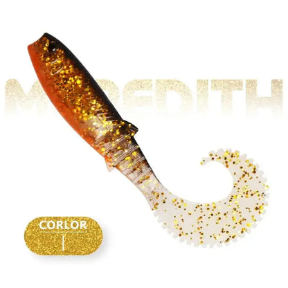 Meredith Cannibal Curved Tail Lure in Brown and Gold Glitter for Effective Fishing