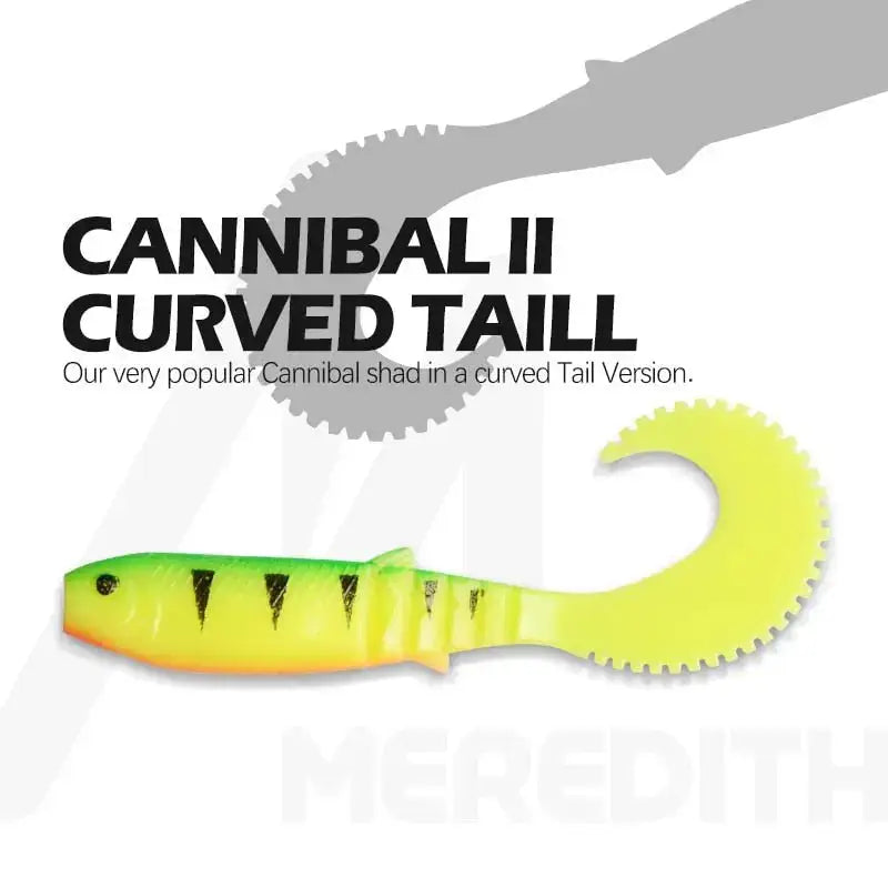 Meredith Cannibal Curved Tail Lure in bright yellow with green stripes for effective fishing