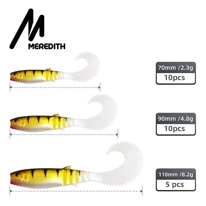 Meredith Cannibal Curved Tail Lure set in three sizes, perfect for attracting various fish species