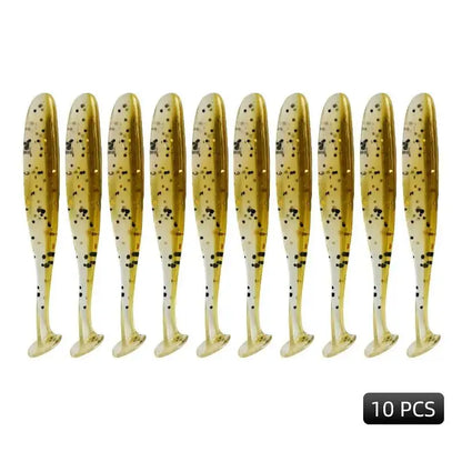 Set of 10 Meredith Easy Shiner lures in golden color with black spots for effective fishing