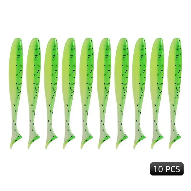 Pack of 10 Meredith Easy Shiner lures in green with black specks for effective fishing