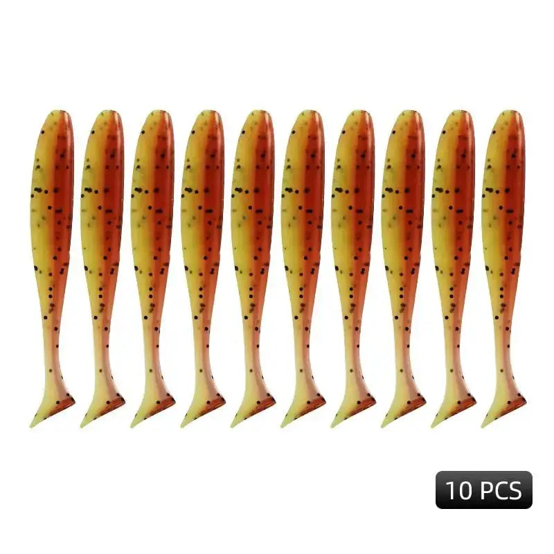 Ten Meredith Easy Shiner lures in yellow and red, perfect for attracting fish in freshwater activities