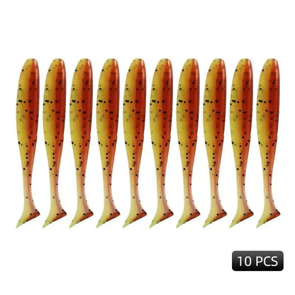 Ten Meredith Easy Shiner lures in yellow and red, perfect for attracting fish in freshwater activities