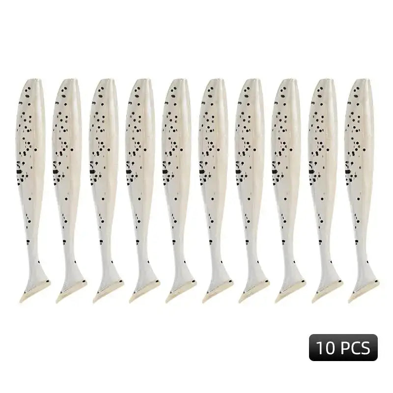 Set of 10 Meredith Easy Shiner lures in white with black spots for effective fishing